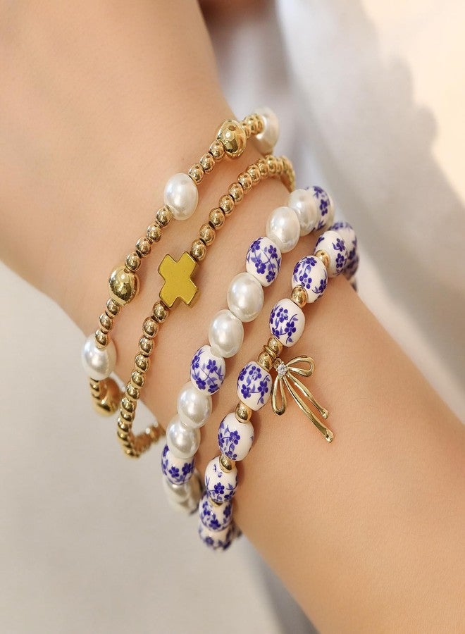 GLMOCM Gold Bow Bracelet for Women Beaded Bow Charm Bracelets Pearl Bow Stretch Bracelets Gold Bead Stackable Bracelet Fashion Jewelry for Women (4 Pieces Blue) - Image 2